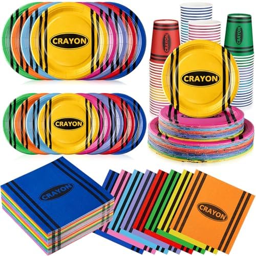 Pickmesh 250 Pcs Crayon Party Disposable Tableware Set Paper Plates and Napkins Cups Supplies Tea Party Theme Dinner Dinnerware for Birthday Bridal Baby Shower Wedding Decoration Serves 50 by Pickmesh