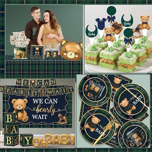 Bear Baby Shower Decorations,Tartan Plaids Teddy Bear Baby Shower Decor, Luxury Equestrian Bear Baby Shower Mom to Be Sash,Balloons,Boxes,Plates,Napkins,Backdrop for Vintage Baby Shower Gender Reveal - Image 5