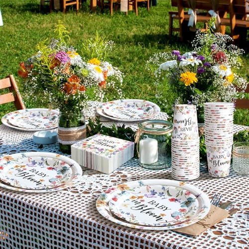 Hsei 250 Pcs Baby in Bloom Baby Shower Decorations Wildflower Plates and Napkins Set Floral Party Tableware Set for 50 Guests Floral Disposable Plates Napkins Cups for Birthday Party Supplies - Image 5