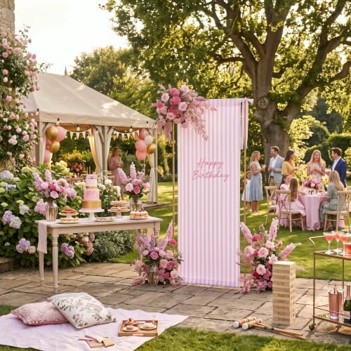 Striped Happy Birthday Sign Stand with Linen Ribbon, Pink - Image 4