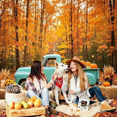 Fall Forest Backdrop Fall Vintage Blue Truck with Pumpkin Backdrop 9x6FT - Image 5