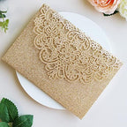Hosmsua 50PCS Personalized Gold Glitter Laser Cut Flora Invitation Pocket, 5.12 x 7.2 Laser Cut Wedding Invitation Pockets with Envelopes for Wedding Bridal Shower Engagement Invite - Image 4