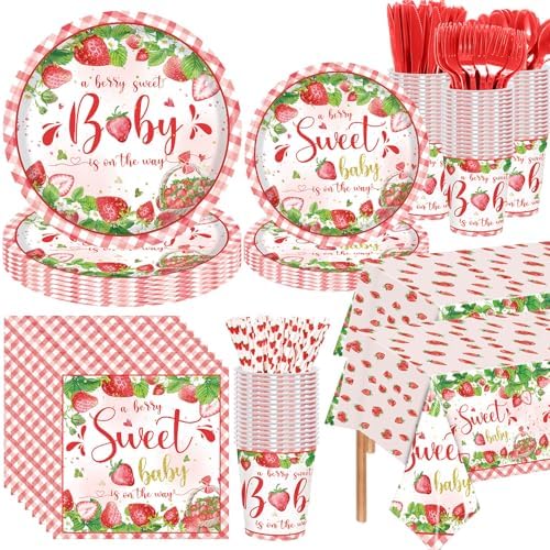 Funnymoom 452 Pcs Strawberry Baby Shower Decorations Party Supplies Strawberry Paper Plates Napkins Cups Tablecloth Cutlery Straws Tableware for a Berry Sweet Baby Is on the Way Decorations by Funnymoom