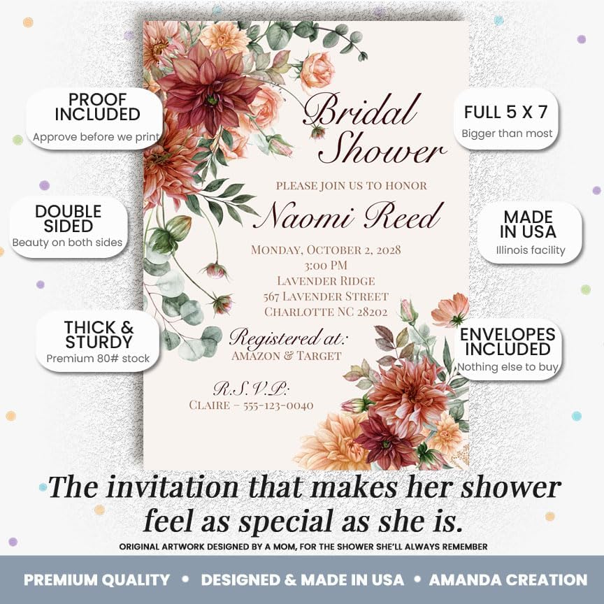 Amanda Creation Fall Bridal Shower Invitations Personalized for Her, 50 5x7 Bridal Shower Invitations with Envelopes, Rustic Burgundy Floral - Image 2