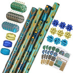 WRAPAHOLIC Peacock Christmas Wrapping Paper Set - Green Peacock Elements Patterns with Metallic Foil Shine Wrapping Paper Bundle with Gift Bow & Ribbon & Tag & Sticker by WRAPAHOLIC