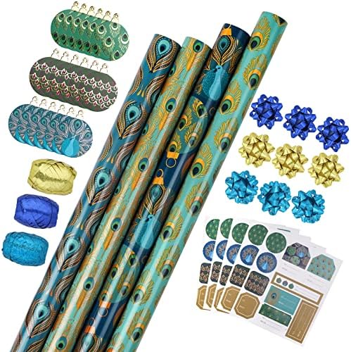 WRAPAHOLIC Peacock Christmas Wrapping Paper Set - Green Peacock Elements Patterns with Metallic Foil Shine Wrapping Paper Bundle with Gift Bow & Ribbon & Tag & Sticker by WRAPAHOLIC