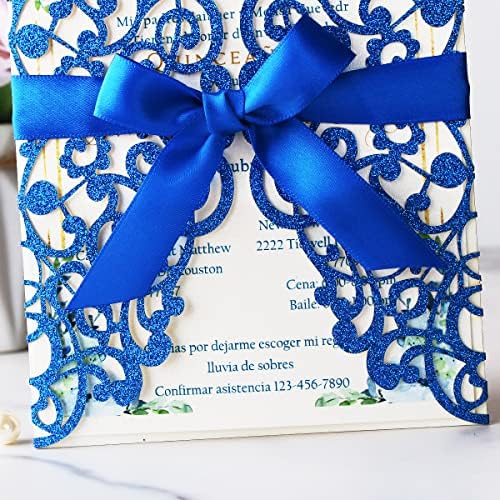 Hosmsua 50PCS Laser Cut Wedding Invitation Cards with Bowknot and Envelopes 5.12 x 7.3''Lace Rose invitation for Sweet 16 Bridal Shower Wedding Invite (Royal Blue Glitter) - Image 6