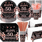 Funnymoom 452 Pcs 50th Birthday Decorations for Women Black and Rose Gold 50th Birthday Paper Plates Cups Napkins Tablecloth Cutlery Straws for Girls Women 50 Year Old Party Supplies for 50 Guests by Funnymoom