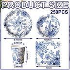 Dandat 250 Pcs Blue Floral Paper Plates and Napkins Blue Bridal Shower Tea Party Decorations Blues White Floral Tableware Set for 50 Guests Disposable Plates Napkins Cups Wedding Baby Bridal Shower - Image 2