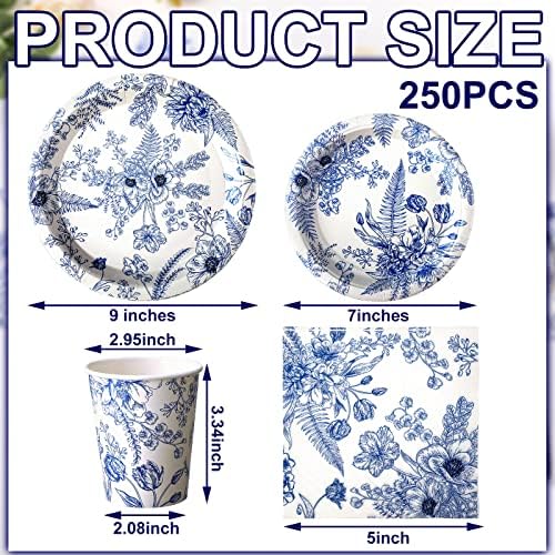 Dandat 250 Pcs Blue Floral Paper Plates and Napkins Blue Bridal Shower Tea Party Decorations Blues White Floral Tableware Set for 50 Guests Disposable Plates Napkins Cups Wedding Baby Bridal Shower - Image 2