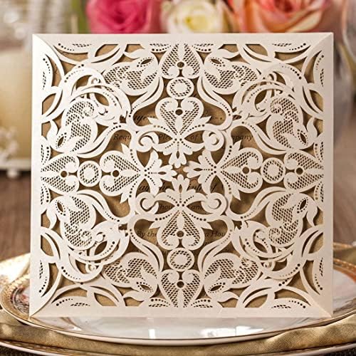 Hosmsua 50PCS Personalized Ivory Wedding invitation with Envelopes, 6.3x6.3 Laser Cut Hollow Lace Rose Invitation for Wedding Engagement Birthday Invite (Customized Printed) - Image 3