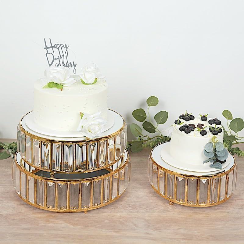 3 Gold Round Stackable Metal Cake Stands with Crystal Pendant and Mirror Top Wedding Birthday Party Display Dessert Riser Pedestal Centerpieces - Image 3