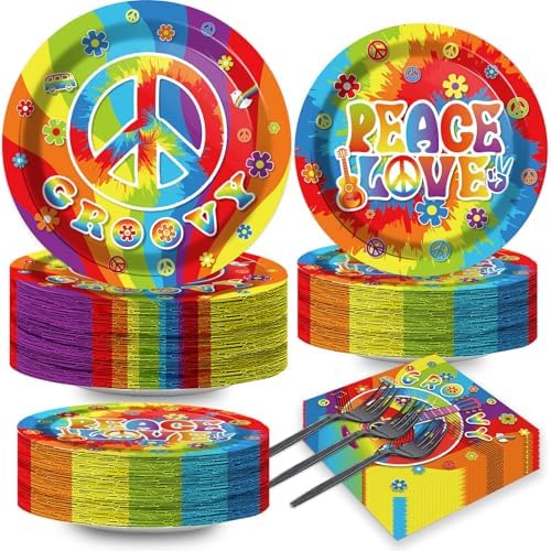 200pcs 60's Hippie Party Plates Napkins Groovy Paper Tableware Set Tie Dye Cake Dessert Disposable Dinnerware 60s 70s Hippie Party Decoration for Baby Shower Birthday Decor Supplies Serves 50 by Naozinebi