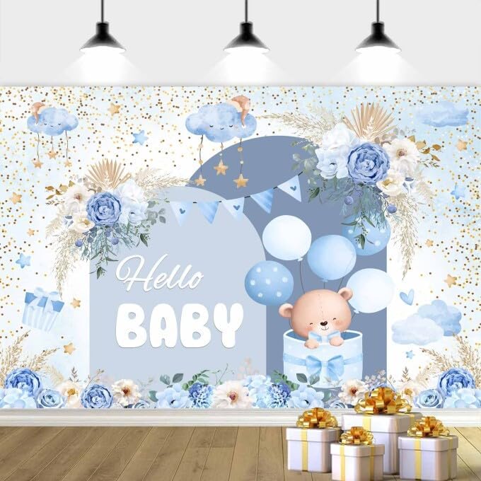 20X10ft Blue Baby Shower Backdrop Cute Blue Boho Floral Baby Shower Backdrop, Boy's or Girl's Baby Shower Party Backdrop Decor Cartoon Baby Shower Birthday Party Background Photo Booth Props by DRGILAU