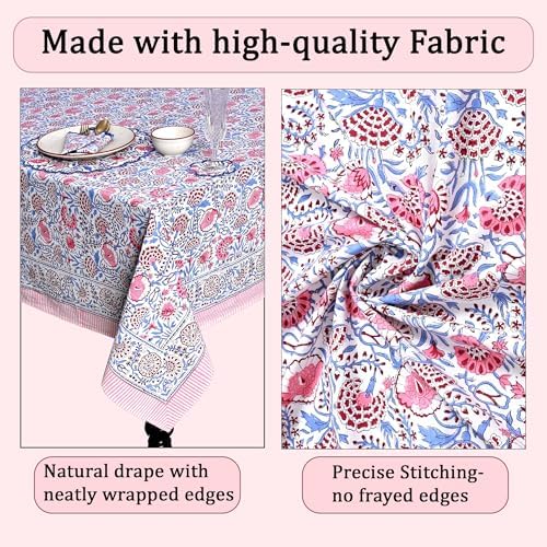 Ridhi Blue Pink Hand Block Print Cotton Tablecloth 140 x 72 Inch Rectangle - Image 6