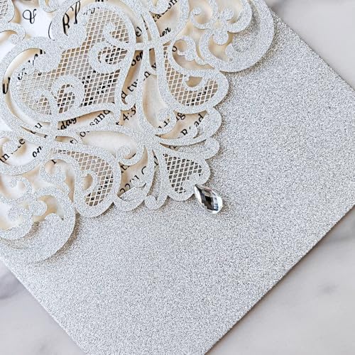 Hosmsua 5.1 x 7.3 Inch 50PCS Silver Glitter Wedding Invitation Cards with Rhinestone Laser Cut Hollow Flora Quinceanera Invitation with Envelopes for Bridal Shower Wedding Invite (Silver Glitter) - Image 6