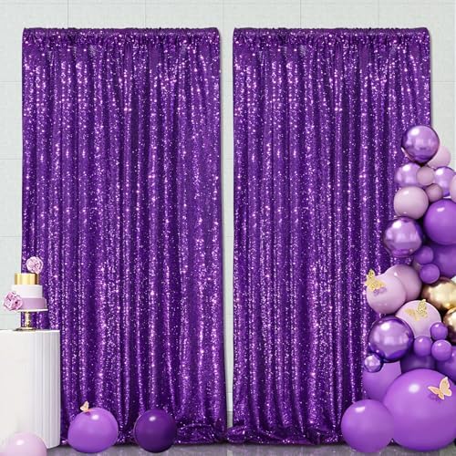 Purple Sequin Backdrop 2 Pcs 5FTx10FT Wedding Glitter Curtain Backdrop Arch Fabric Drapes for Baby Shower Birthday Party Decoration - Image 3