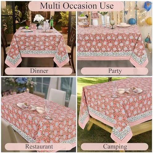 Ridhi Dark Salmon Pink Hand Block Print Cotton Tablecloth 190 x 72 Inch - Image 5