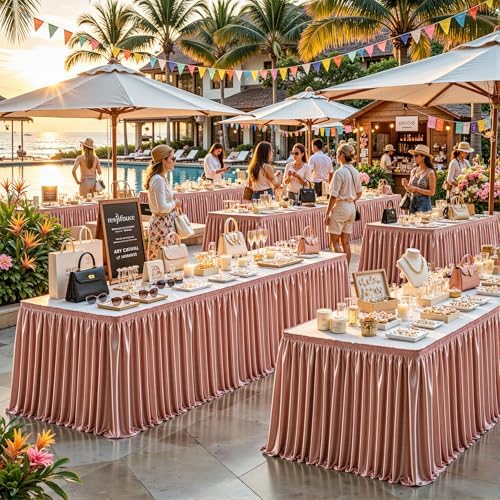 17ft Length Dusty Rose Satin Table Skirt for Rectangle Tables, Wrinkle Resistant Pleated Ruffle Table Cloth Glitter Desk Skirting for Weddings Banquet Birthday Party Bridal Shower Decorations by Partisky