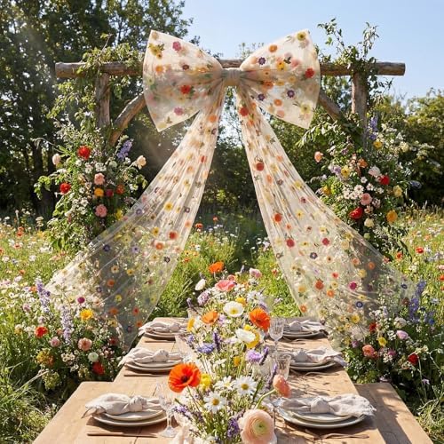 Canlierr Extra Large Embroidery Floral Tulle Bow Decorations 39 x 59 Inch Giant Champagne Organza Bow with Tie and Long Ribbon Tails for Spring Wedding Backdrop Coquette Room Wall Decoration - Image 5
