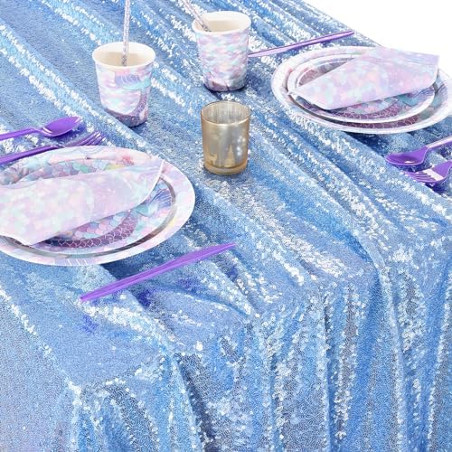 QueenDream Baby Blue Party Tablecloth Decoration: Rectangle Shimmer Mermaid Tablecloth 90x90 Inch Sequin Cloth Frozen Birthday Decorations - Image 2