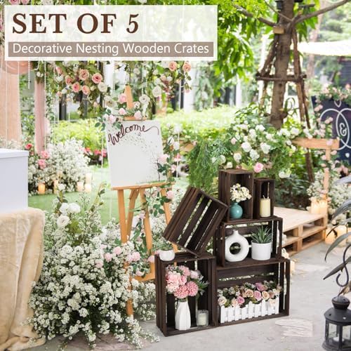 CroBlissful 6 Pcs Decorative Wood Crate Storage Display, Vintage Dark Brown - Image 4