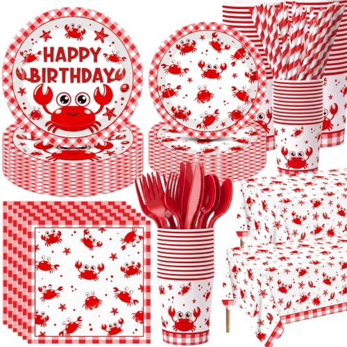 Ceenna 452 Pcs Crab Boil Party Supplies for 50, Crab Birthday Plate Napkin Cup Tablecloth Cutlery Straw Summer Seafood Boil Disposable Tableware for Sea Animals Baby Shower Picnic BBQ Party Decoration by Ceenna