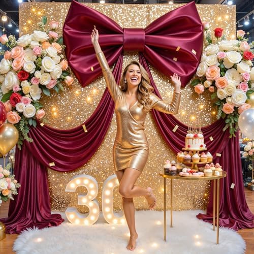 Big Burgundy Bow Backdrop Large Maroon Bow Decor Gift Bows Birthday Decorations 48x24x120 Inches Giant Bow Birthday Party Backdrop for Wedding Baby Shower Photography Coquette Room Decor by Tao-GePartyDecorations