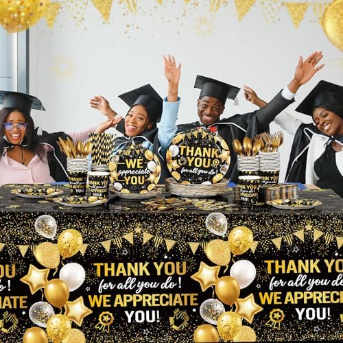 Funnymoom 452 Pcs Black Gold We Appreciate You Decoration for 50, Thank You Paper Plates Napkins Cups Tablecloth Set for Administrative Professional Day Employee Teacher Volunteer Appreciation Supply - Image 5