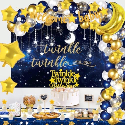 162 PCs Twinkle Twinkle Little Star Baby Shower Decorations, Hombae Navy Blue Little Star Baby Shower Backdrop Balloon Garland Glitter Banner Tablecloth Cake Cupcake Topper Box Cutout Mom To Be Sash - Image 6