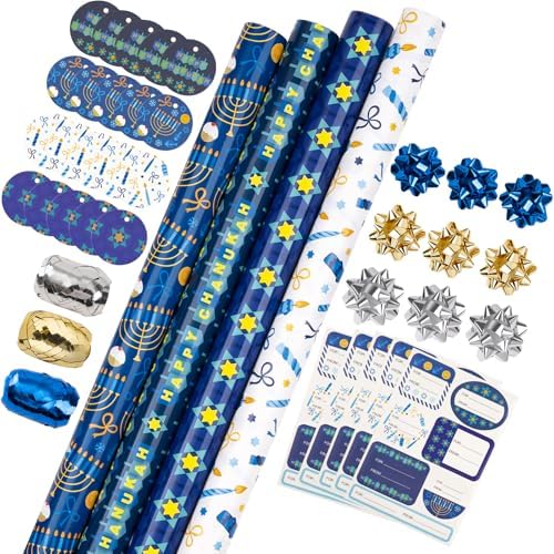 WRAPAHOLIC Hanukkah Wrapping Paper Set - Menorahs, the Star of David, Candles Design Chanukah Wrapping Paper Bundle with Gift Bow & Ribbon & Tag & Sticker by WRAPAHOLIC