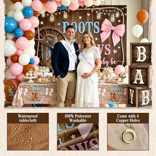 Boots or Bows Gender Reveal Decorations Kit, 7x5ft Polyester Backdrop - Image 2