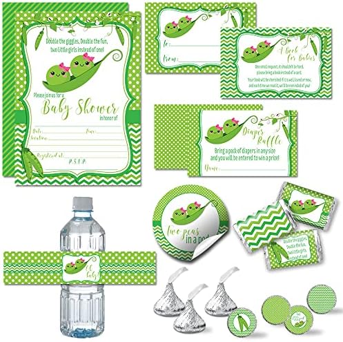 Amanda Creation Two Peas in a Pod Invitations, 20 Twin Girl Baby Shower Invitations with Envelopes, Diaper Raffle, Book Request & Sticker Bundle by AmandaCreation
