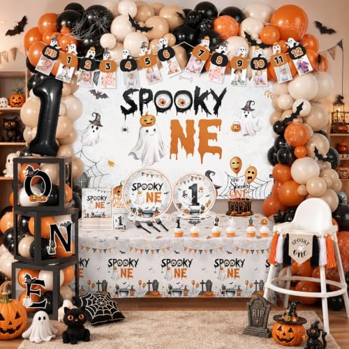 Spooky One Birthday Decorations Boy,276pcs Halloween 1st Birthday Kit Plates And Napkins Cups Banner Backdrop Tablecloth Cake Topper Balloon For First Birthday Decorations for Boy - Image 3