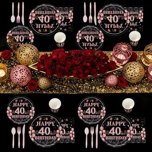 Pickmesh 400 Pcs 40th Birthday Party Supplies, Black Pink Tableware Set - Image 5