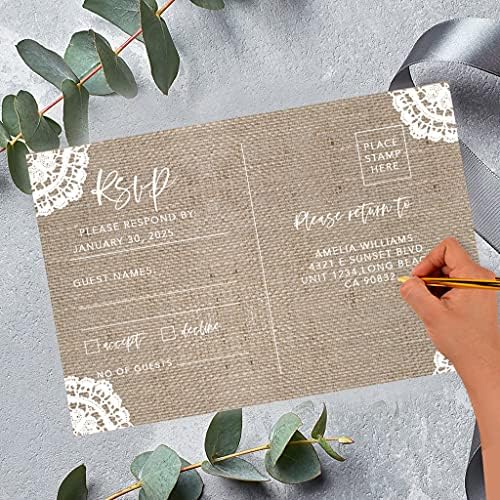 Andaz Press 56-Pack Personalized RSVP Postcards for Wedding Burlap Lace Cardstock Response Reply Cards for Bridal Shower Baby Shower Birthday Event Custom Date and Return Address 4 x 6-Inch - Image 2