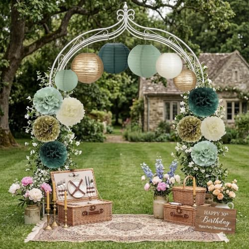 Aptliton 30 Pcs Sage Green Gold White Tissue Paper Pom Poms & Lanterns - Image 3