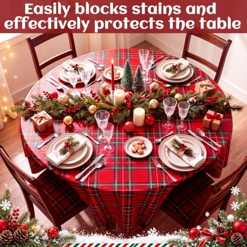 Ganeen 12 Pcs Christmas Tartan Plaid Tablecloth Round 84 in Red Plastic - Image 5