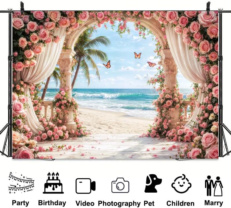 15X10FT Rose Backdrop Party Bridal Shower Photoshoot Valentine's Day Mother's Day Wedding Anniversary Baby Shower Summer Hawaiian Beach Photography Backdrop Palm Trees Photo Banner Supplies - Image 7