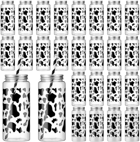 Chuangdi 24 Set 14 oz Cow Theme Plastic Bottle with Straws and Metal Lids 24 Plastic Milk Water Bottle 25 Paper Straws Tumbler Reusable Jar Containers for Cow Party Favor Baby Shower Birthday Supplies by Chuangdi