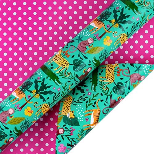 WRAPAHOLIC Jumbo Reversible Jungle Wrapping Paper - Jumbo Roll - 24 Inch x 65.6 Feet - Tigers in the Jungle Wild One Birthday Wrapping Paper for Kids Girls Birthday, Baby Shower - Image 2