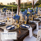KIRE 350Pcs Blue and Gold Plates -Heavy Duty Navy Blue Dinnerware Set - 100 Plastic Plates 50 Pre Rolled Napkins with Gold Plastic Silverware 50 Cups for Party/Wedding/Birthday - Image 2