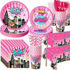 Funnymoom 219 Pcs Pink Hero Birthday Party Decorations Girl Pink Comic Hero Plates Napkins Cups Tablecloth Cutlery Straw Disposable Tableware Set for Birthday Baby Shower Party Supplies, Serves 24 by Funnymoom