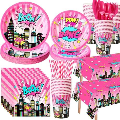 Funnymoom 219 Pcs Pink Hero Birthday Party Decorations Girl Pink Comic Hero Plates Napkins Cups Tablecloth Cutlery Straw Disposable Tableware Set for Birthday Baby Shower Party Supplies, Serves 24 by Funnymoom