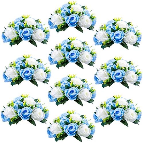 Sziqiqi Silk Rose Flower Balls for Table Centerpieces, Blue&White, 10Pcs by SZIQIQI