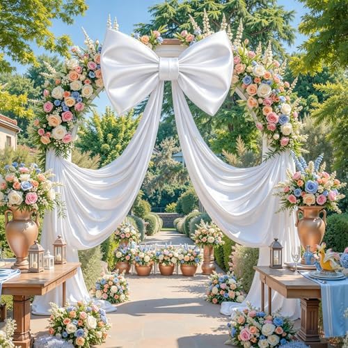 Giant Bow for Backdrop Big White Bow 120x48 Inch Large Satin Ribbon Bow Wall Decor for Wedding Birthday Baby Shower Party Photo Booth, Washable Reusable Fabric Bow for Nursery Bedroom Door Hanging by Gogoparti