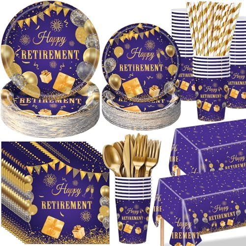 Funnymoom 452 Pcs Retirement Party Decorations Supplies Women Set Include Purple and Gold Retirement Paper Plates Napkins Cups Tablecloth Cutlery Straws for Men Women Say Goodbye Party by Funnymoom