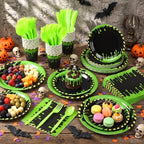 Honeydak 210 Pcs Halloween Ghost Party Supplies for 30 Guests Green and Black Birthday Plates Napkins Cup and Forks Tableware for Halloween Ceremonies Birthday Holiday Party Decorations - Image 2