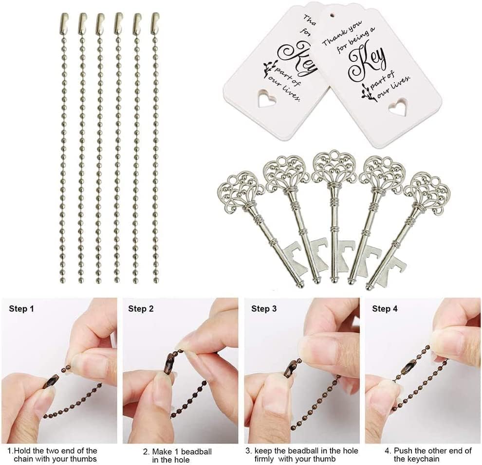 100 PCS Wedding Favors Bottle Opener,Wedding Gifts for Guest Vintage Skeleton Key Opener,Key Openers with Escort Tag Cards and Chains (Silver) - Image 4