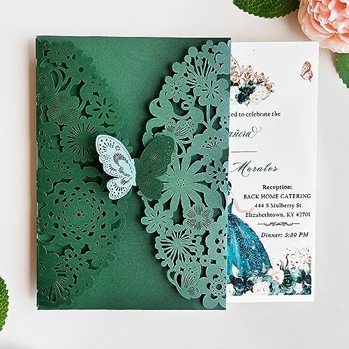 Hosmsua 5.12''x7.3'' 50PCS Emerald Green Quinceanera Invitation Kit Laser Cut Flora Butterfly Invitation Cards Pocket with Envelopes for Quinceanera Bridal Shower Wedding invite (Emerald Green) - Image 6